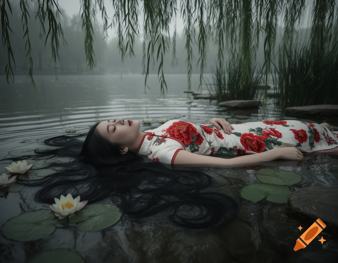 A woman in a white dress with red floral patterns floats serenely in a misty lake surrounded by water lilies and weeping willows.