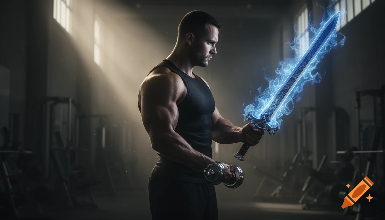 A muscular man in a gym holds a dumbbell and a glowing blue sword, bathed in dramatic light.