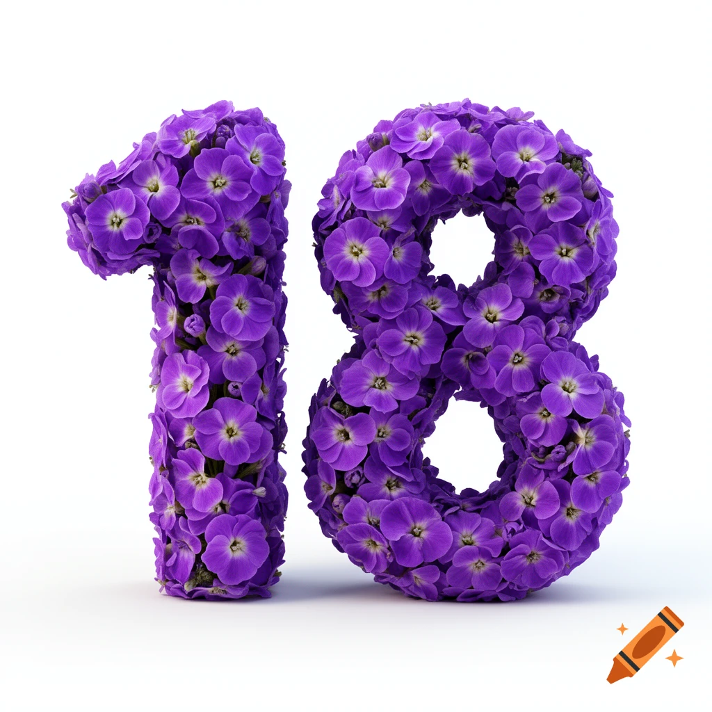 The number 18 completely formed by vibrant violet and purple flowers on a solid white background in a hyper-realistic 3D render style.
