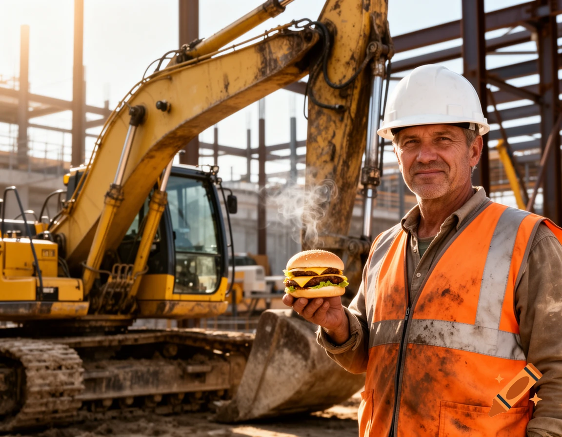A construction worker in a hard hat and orange vest smiles, holding a steaming hamburger at a sunny construction site with a large yellow excavator.