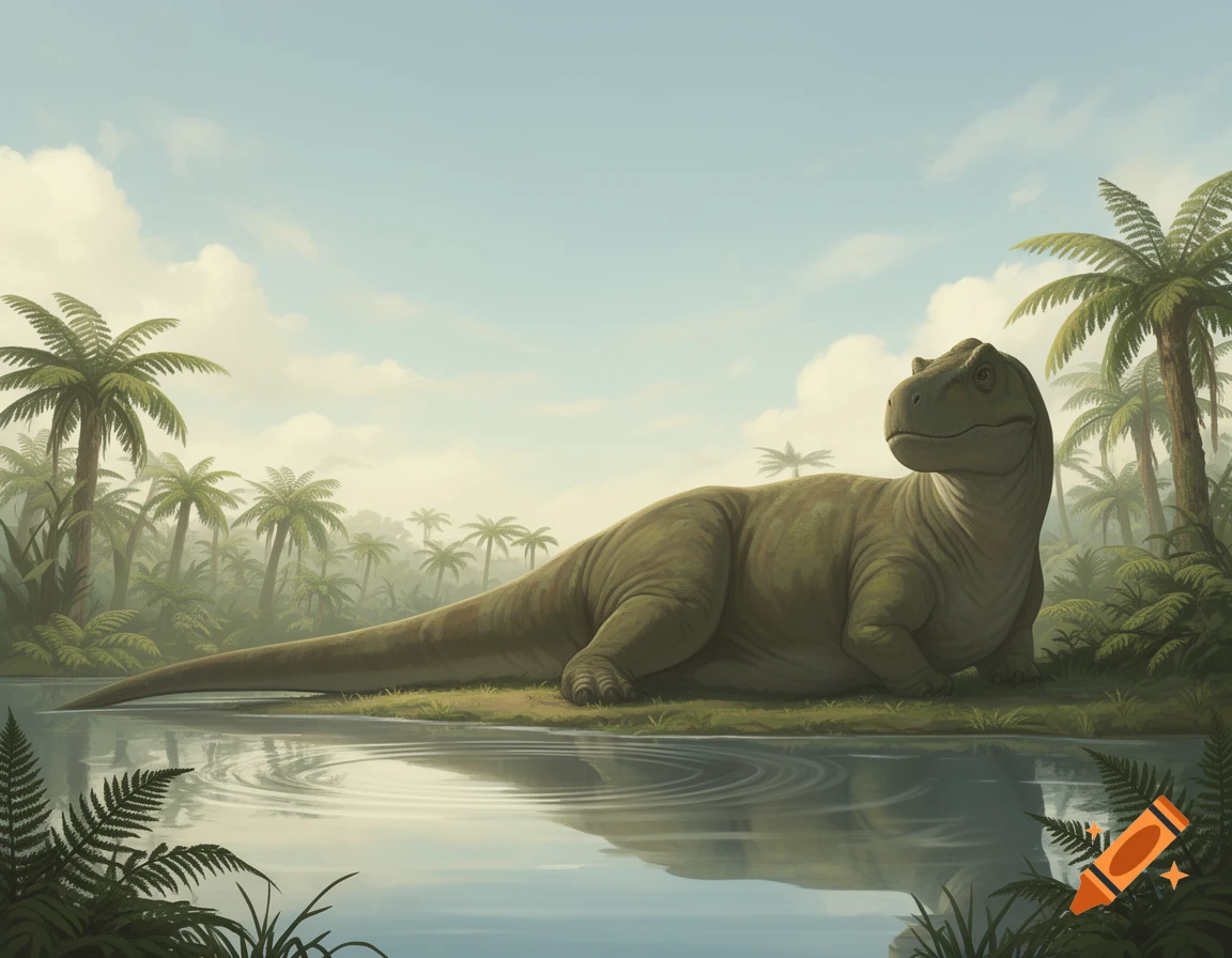 An illustration of a large, green dinosaur resting by a tranquil lake in a prehistoric jungle.