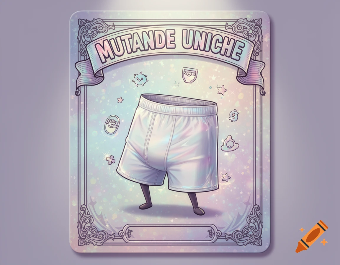 Cartoon illustration of white boxer briefs with legs, on a holographic-effect collectible card with ornate borders and the text "MUTANDE UNICHE".