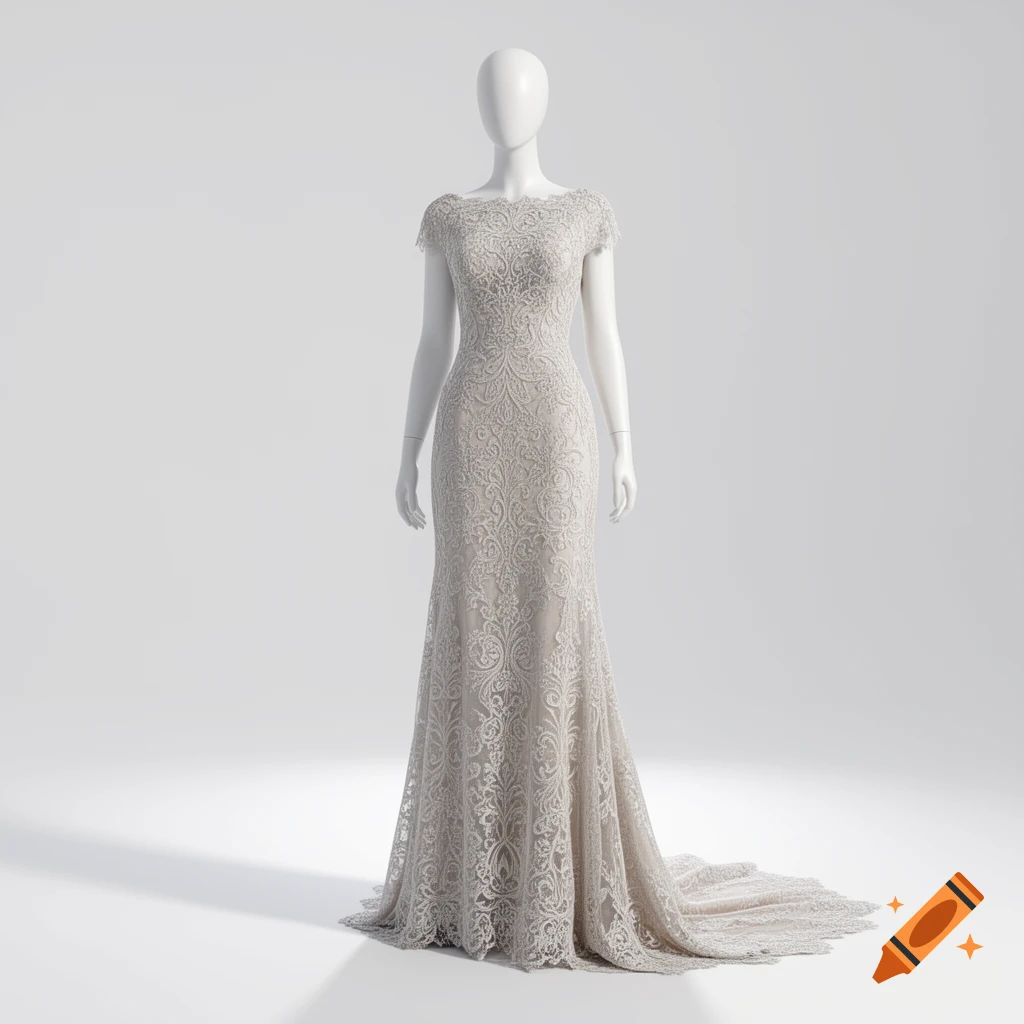 White mannequin displaying an intricately laced, mermaid-style wedding gown with a train on a white background.