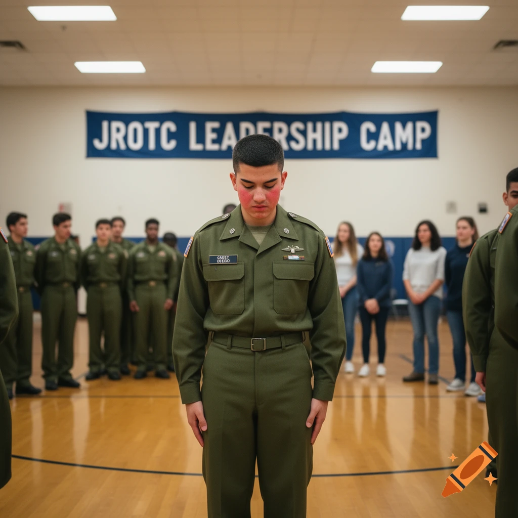 A young cadet in a green uniform stands with head down during a JROTC Leadership Camp in a gymnasium.