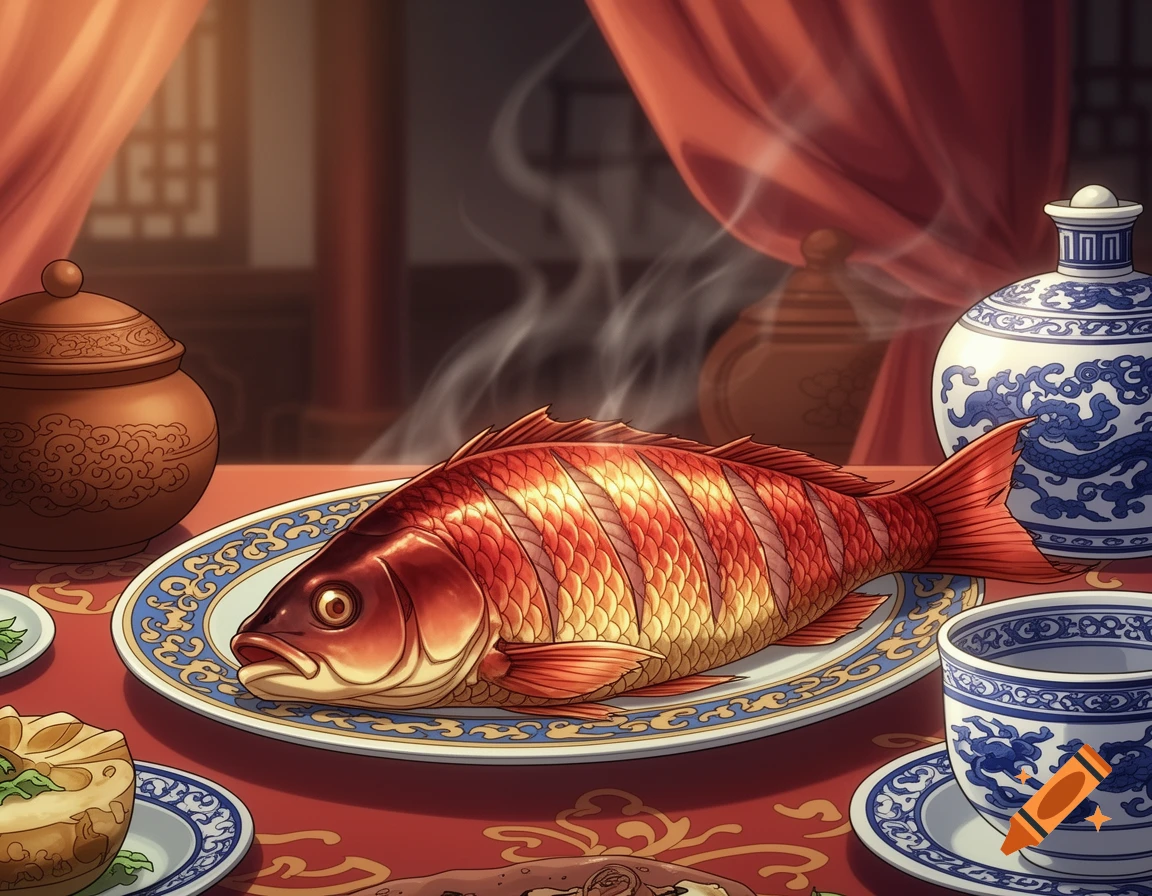 A steamed red fish on an ornate blue and white plate, surrounded by traditional Chinese pottery and a cup on a red tablecloth, with steam rising.