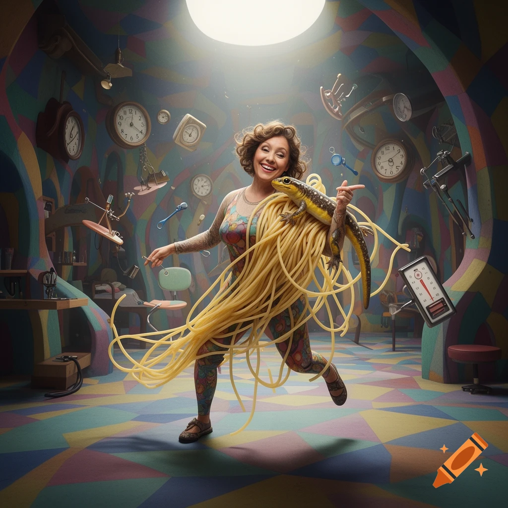 A smiling woman running through a surreal, colorful room, covered in spaghetti noodles and holding a large lizard.