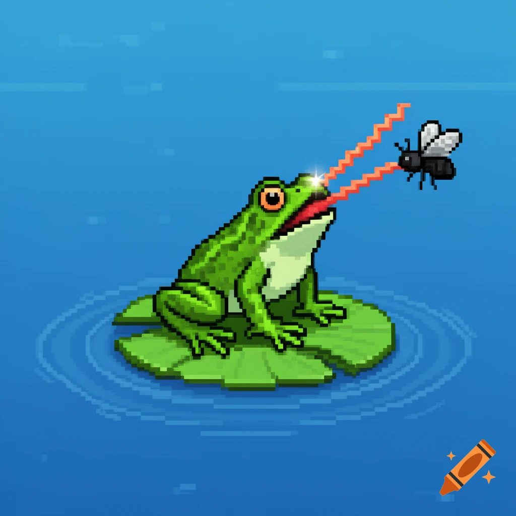A pixel art frog on a lily pad catches a fly with glowing, jagged laser-like tongues on a blue pixel pond.
