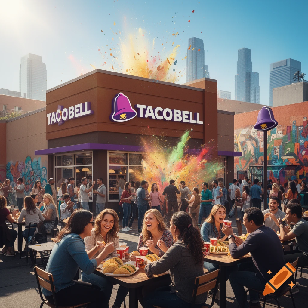 A lively crowd enjoys food and drinks outside a Taco Bell restaurant, with a colorful powder explosion behind the building in a bustling city environment.