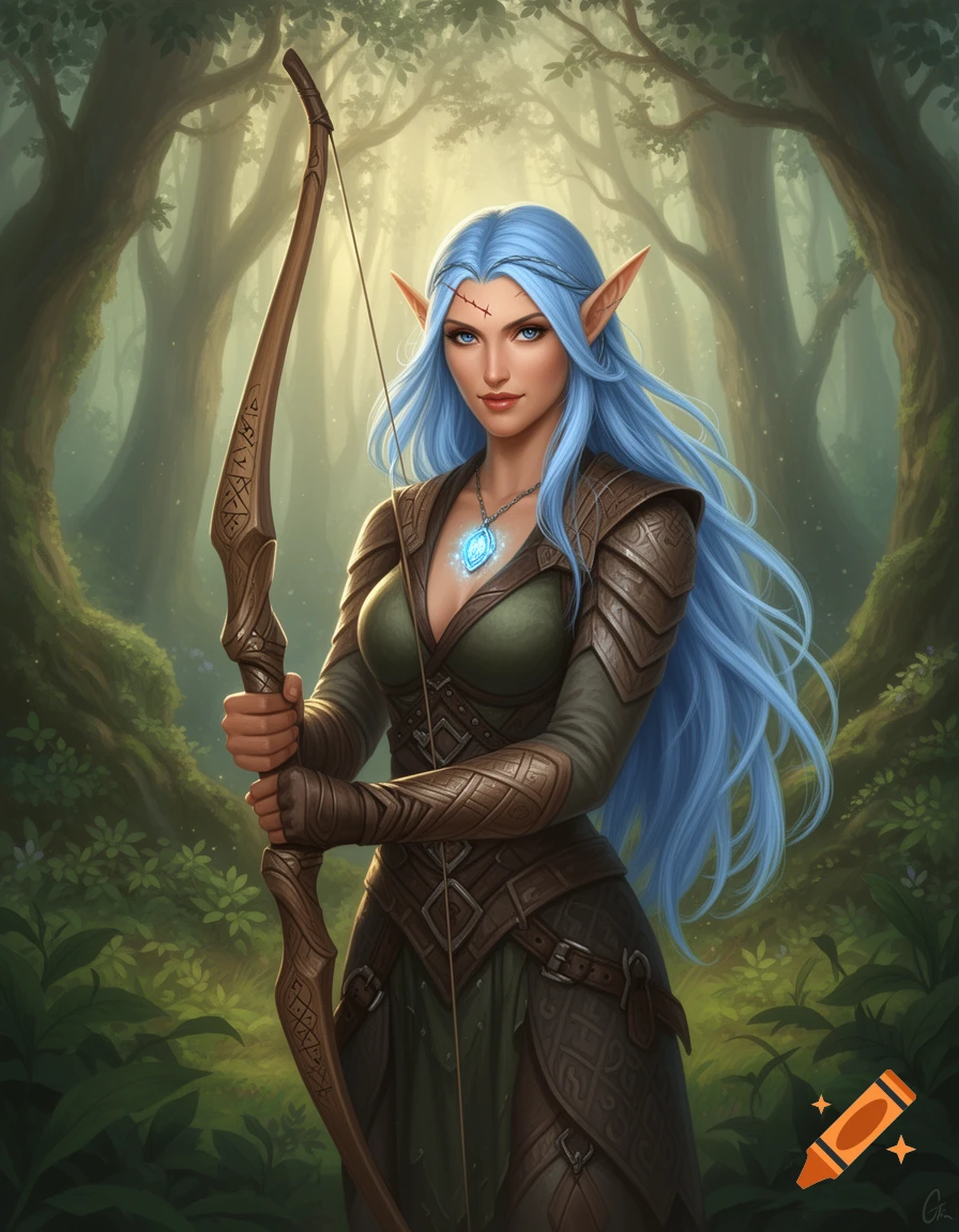 A female elf with blue hair, blue eyes, and a scar, wearing green and brown armor, holding a long wooden bow in a forest. Digital art.