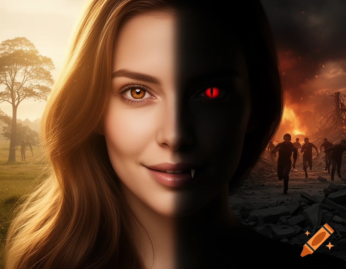 Photorealistic portrait of a woman's face split: one side smiling in sunlight with a peaceful landscape, the other dark with a fang, red cat-eye, and a burning city.