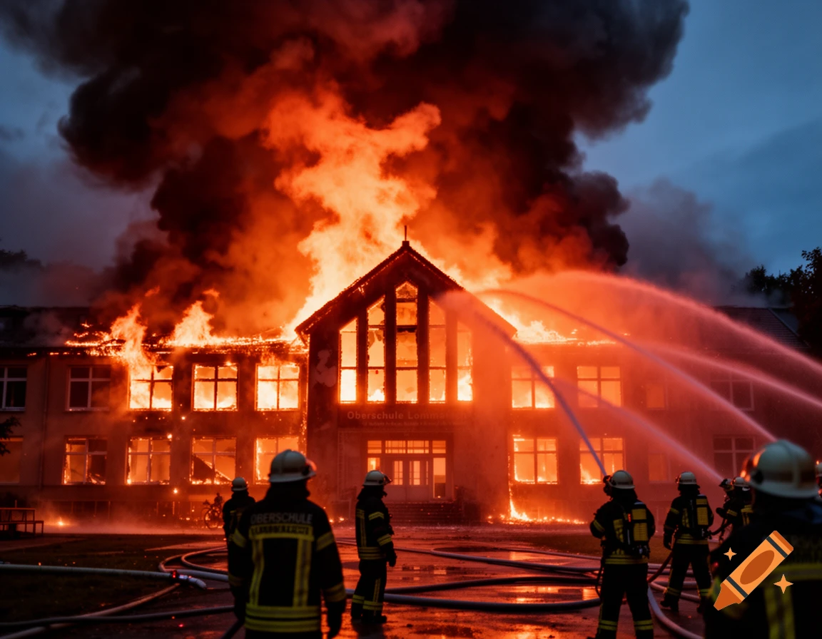 A building is engulfed in flames with heavy smoke, as firefighters battle the blaze with hoses at dusk. Photorealistic style.