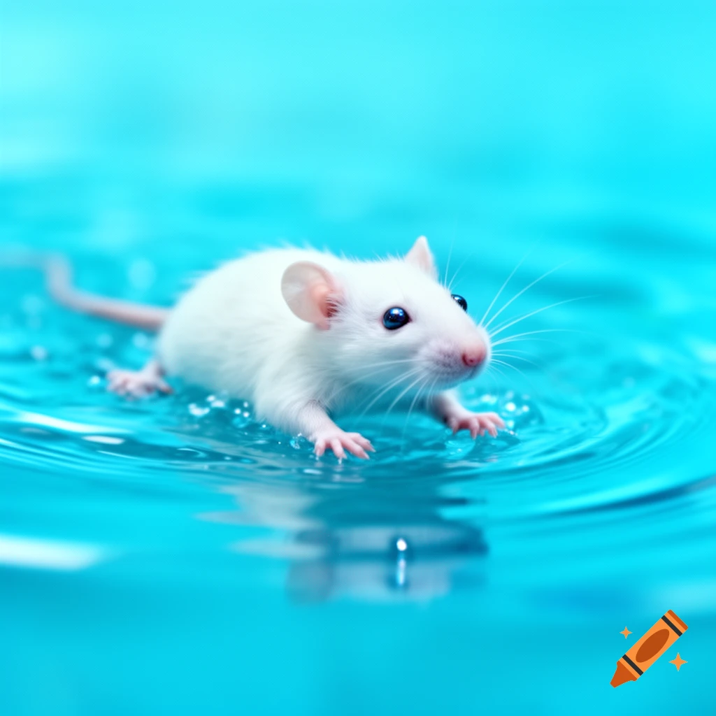 A small white rat with pink nose and ears swims in vivid blue water, creating ripples.