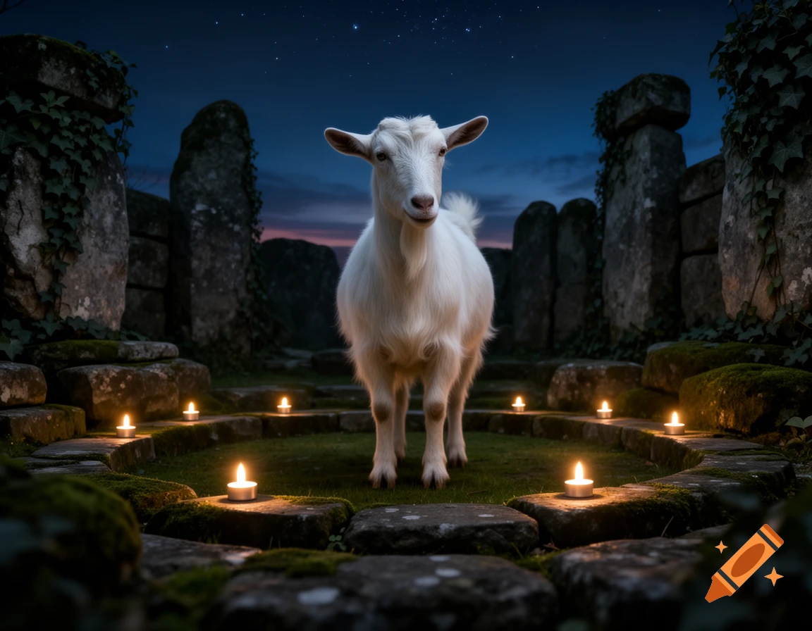 A white goat stands in a stone circle illuminated by small candles under a starry night sky, photorealistic.