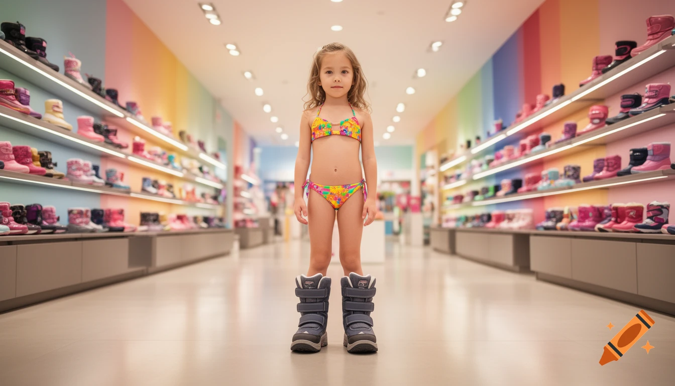 A young girl in a floral bikini and winter boots stands in a brightly lit, modern shoe store with shelves of children's boots.