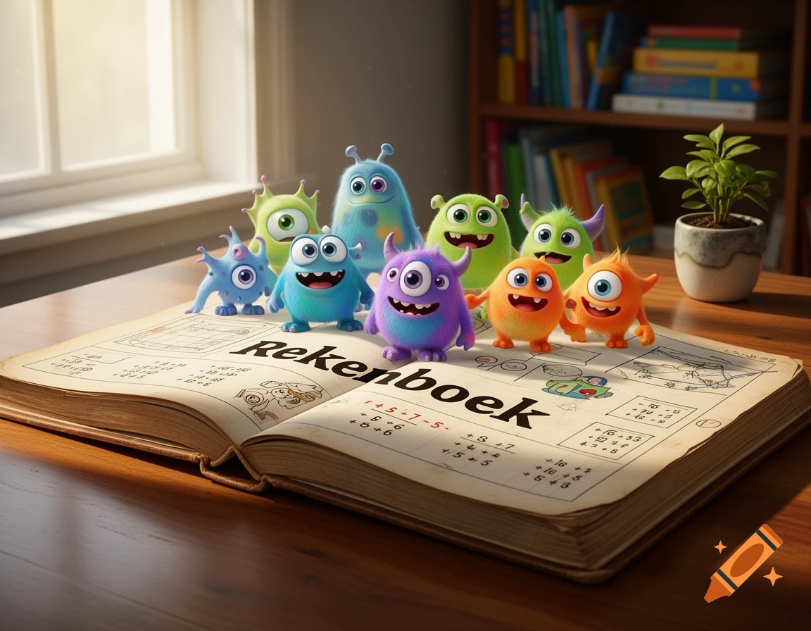 Cute, colorful cartoon monsters sit on an open math book titled 'Rekenboek' on a wooden desk, a window and bookshelf in the background.
