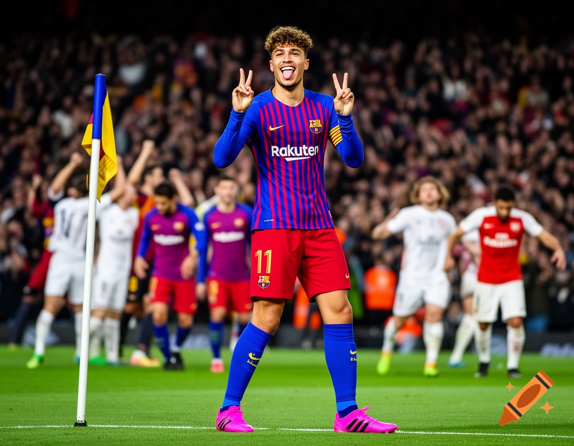 A young male soccer player in a blue and red striped FC Barcelona jersey with number 11, red shorts, and pink cleats, celebrates with a peace sign and tongue out on a green field in a stadium.
