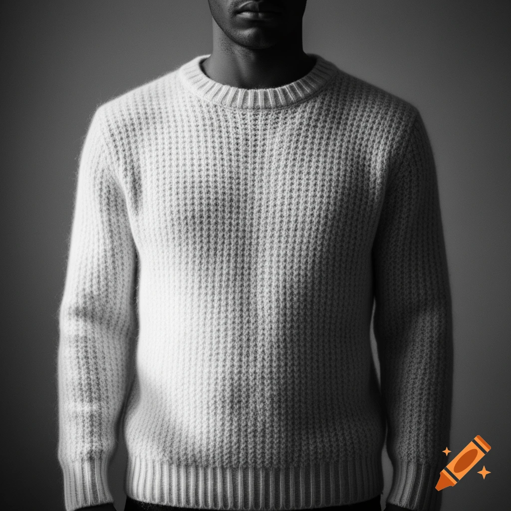 Close-up, black and white photo of a person wearing a textured white knit sweater.