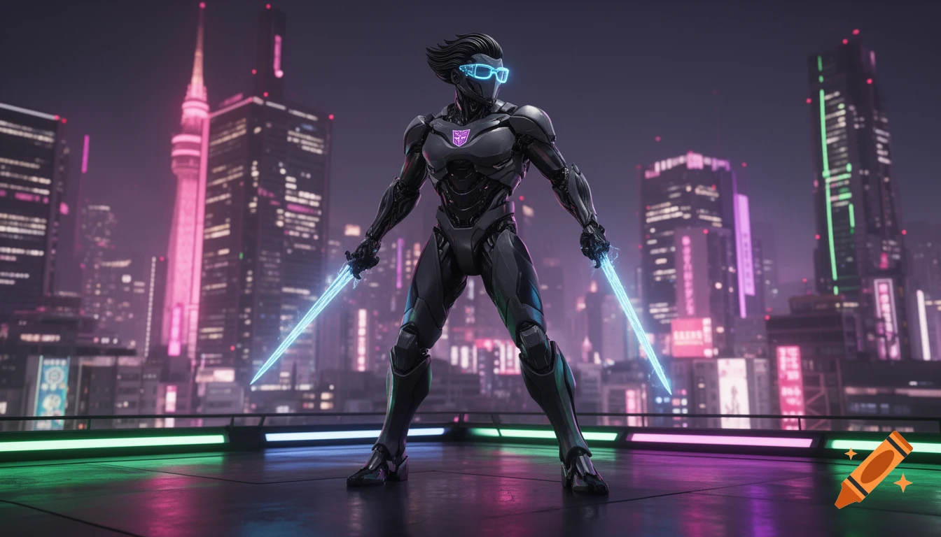 A sleek dark metallic robot ninja with glowing blue glasses and plasma swords stands on a neon-lit futuristic Tokyo rooftop at night.