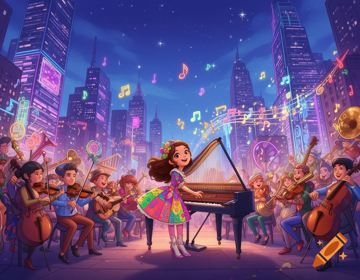 A cartoon girl plays a keyboard with an orchestra in a vibrant, neon-lit city at night, with musical notes floating.