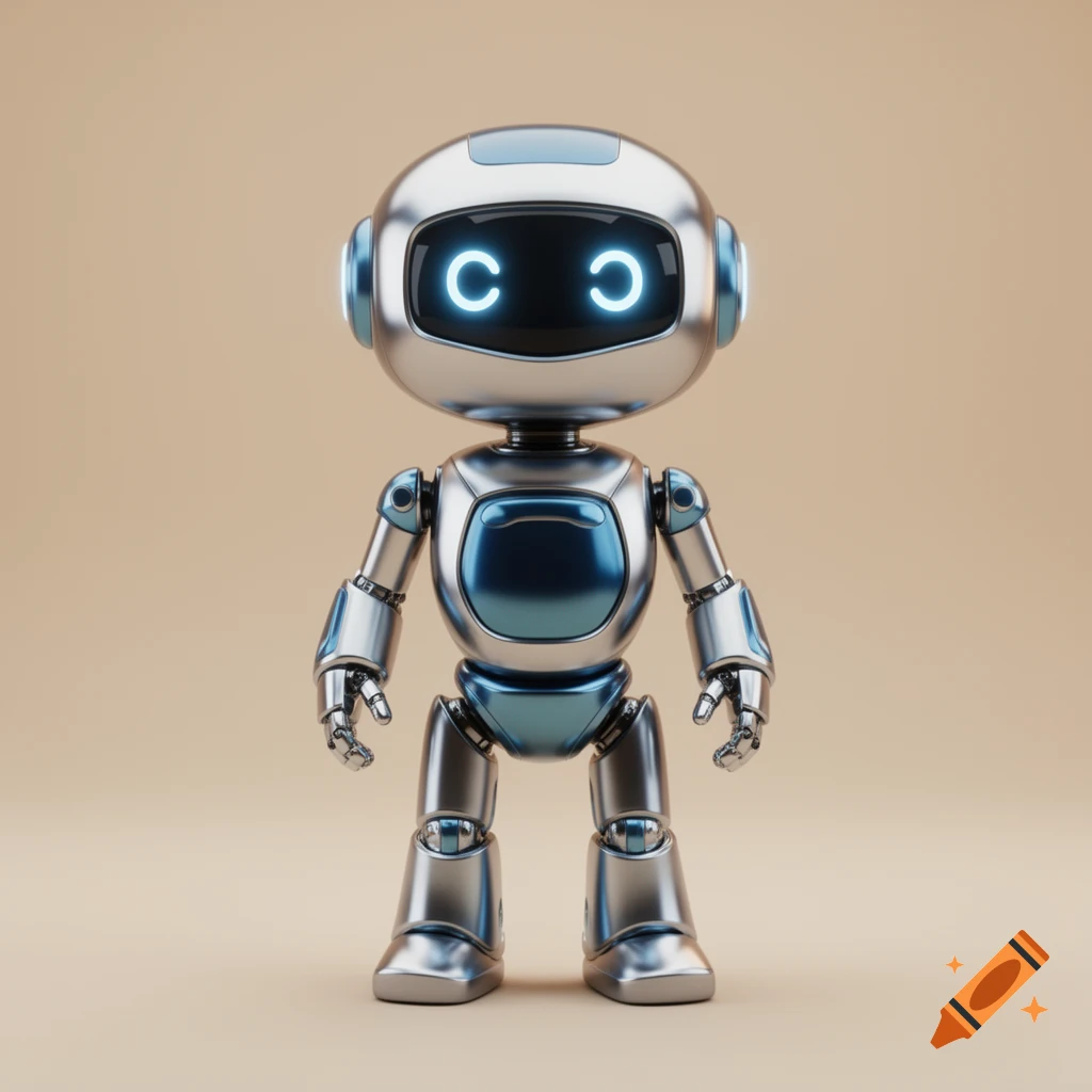 A friendly, shiny silver and blue robot with glowing blue eyes stands centered on a light beige background.
