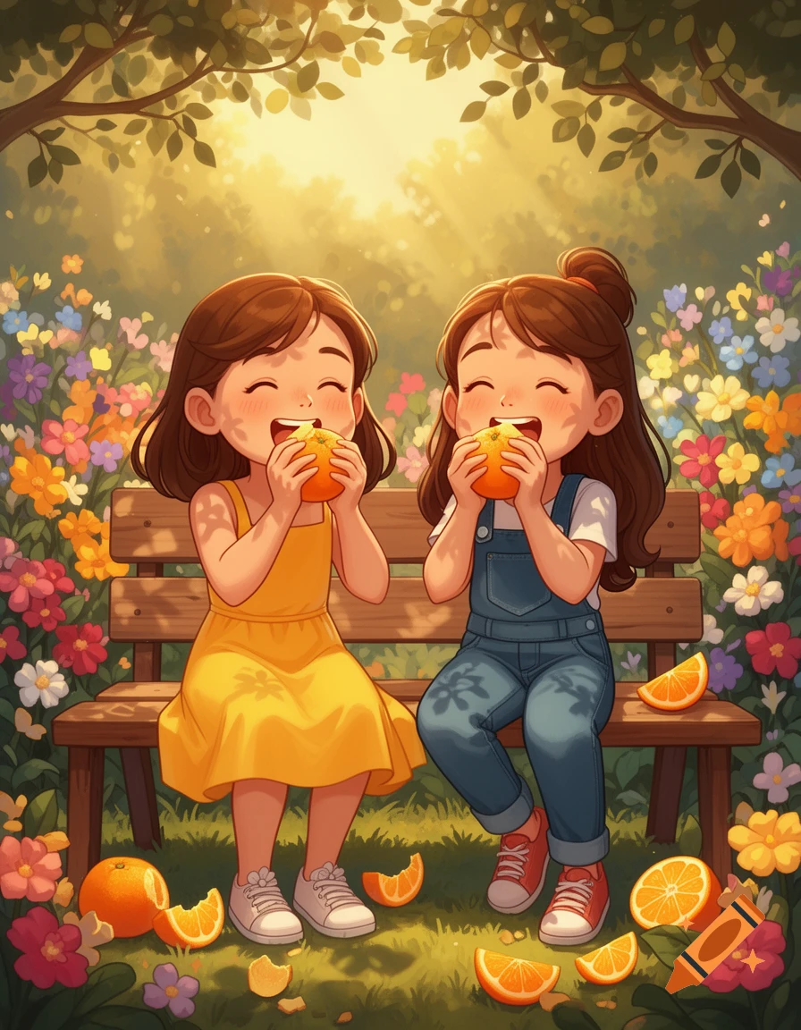 Two happy cartoon girls sit on a bench in a sunny, flowery park, eating oranges. Orange slices are scattered around.