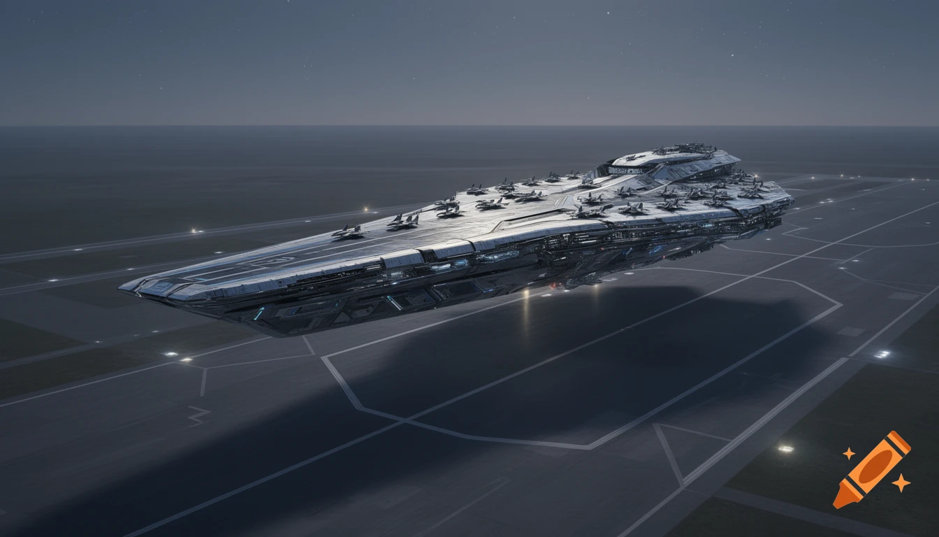 A large, futuristic silver aircraft carrier spaceship with planes on its deck hovers above a flat airfield at night.
