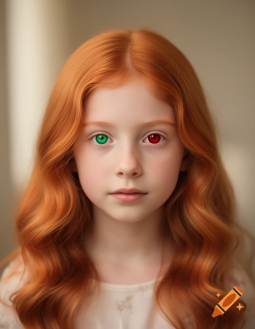 Close-up portrait of a young girl with long wavy ginger hair and heterochromia, featuring one green eye and one red eye.
