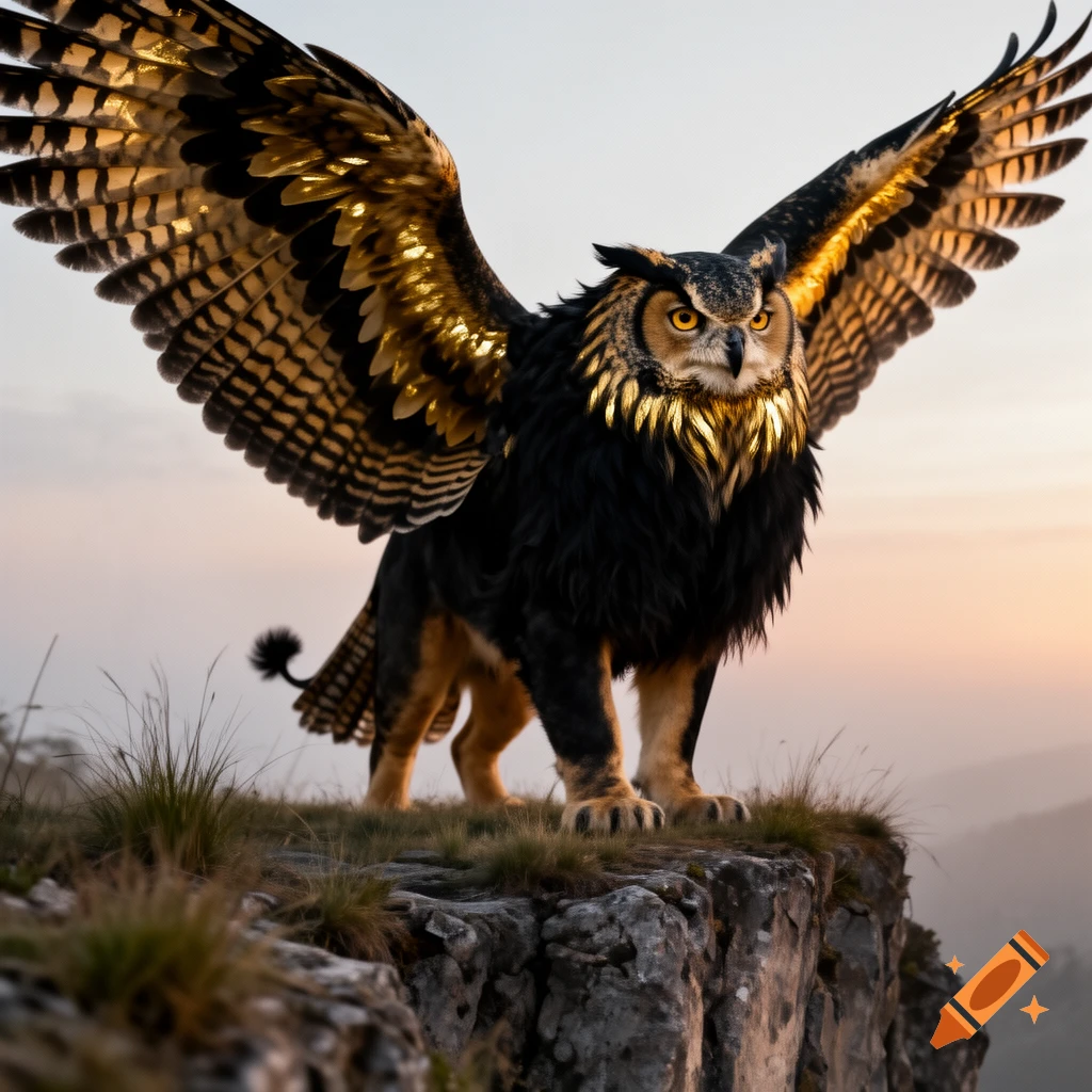 A majestic griffin with an owl head, golden-black wings, and a black lion body stands on a cliff at sunset.