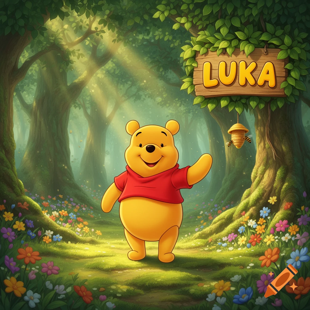 Winnie the Pooh waving in a vibrant forest clearing with colorful flowers, a beehive, and a wooden sign saying 'LUKA'.