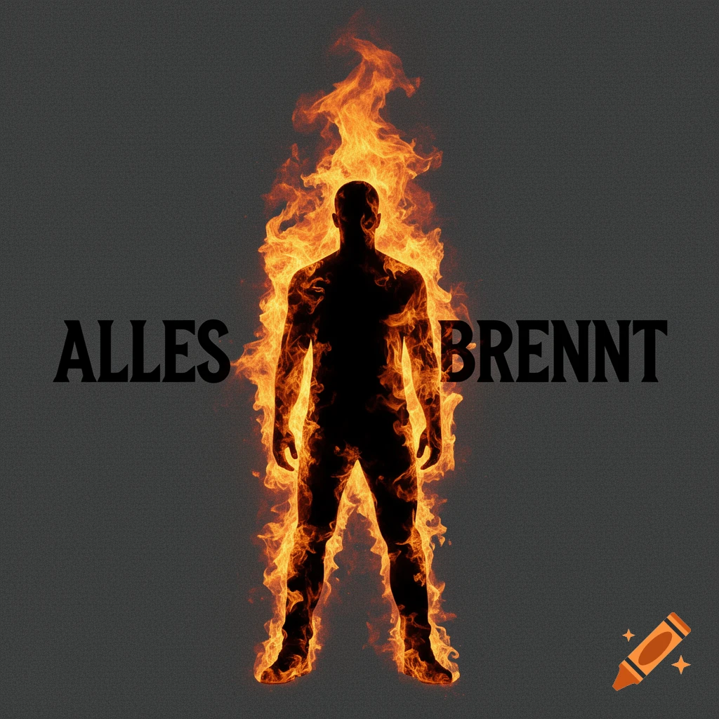 Black silhouette of a man engulfed in bright flames with 'ALLES BRENNT' text on a dark grey background, album cover style.