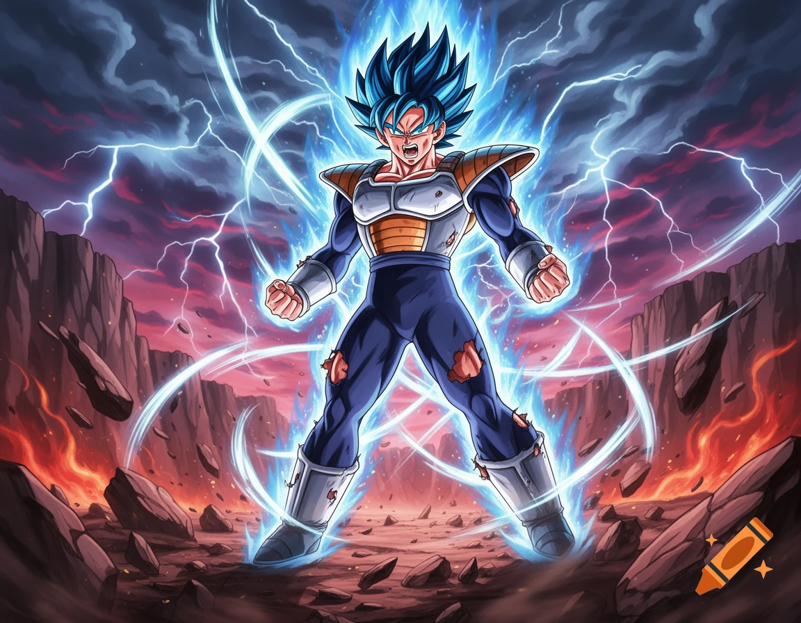 An anime character, resembling Vegeta from Dragon Ball, powers up with blue energy and lightning in a destroyed landscape.