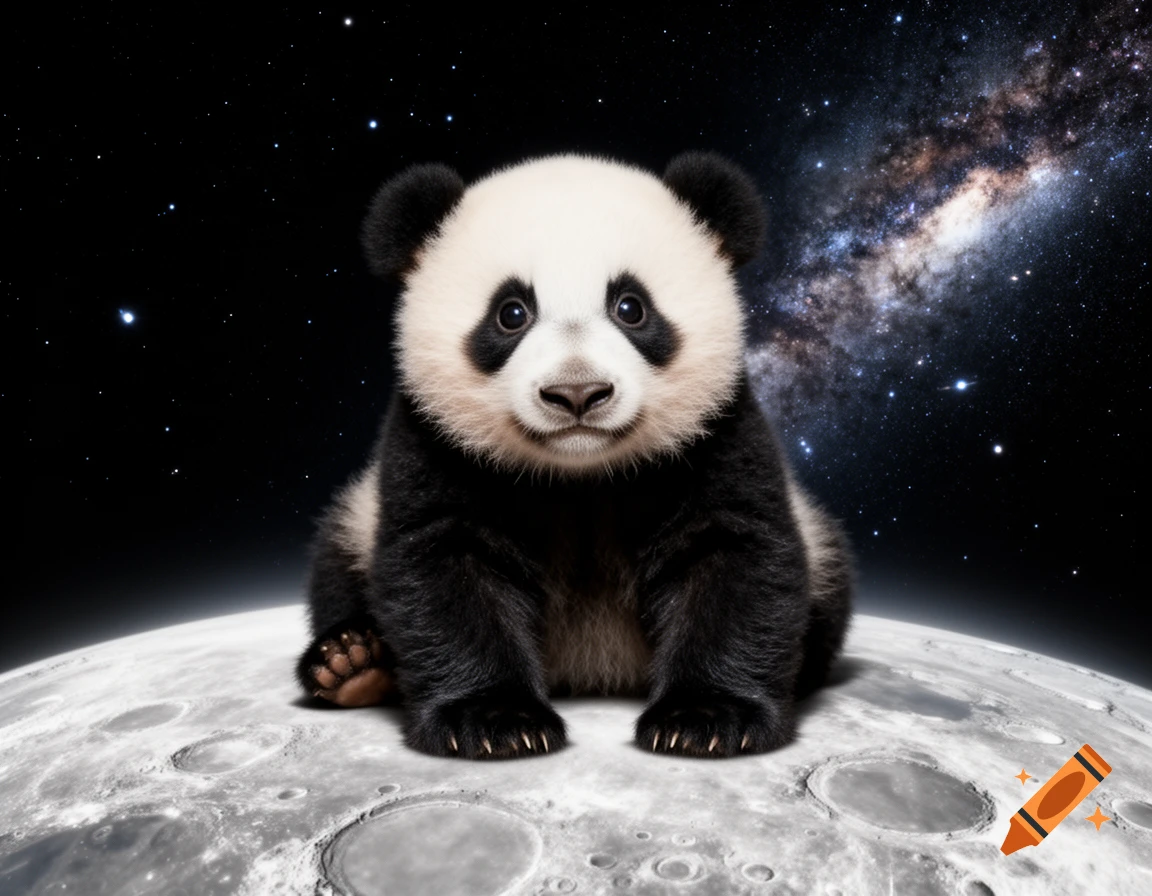 A fluffy baby panda sits on the surface of the moon, looking directly at the viewer, with a starry night sky and galaxy in the background.
