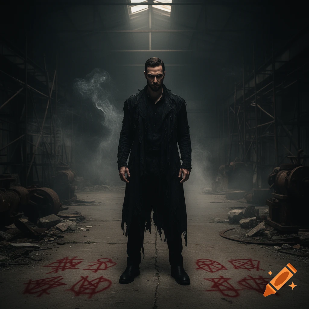 A stern man in a tattered black coat stands in a dark, smoky warehouse with red cryptic symbols on the concrete floor.