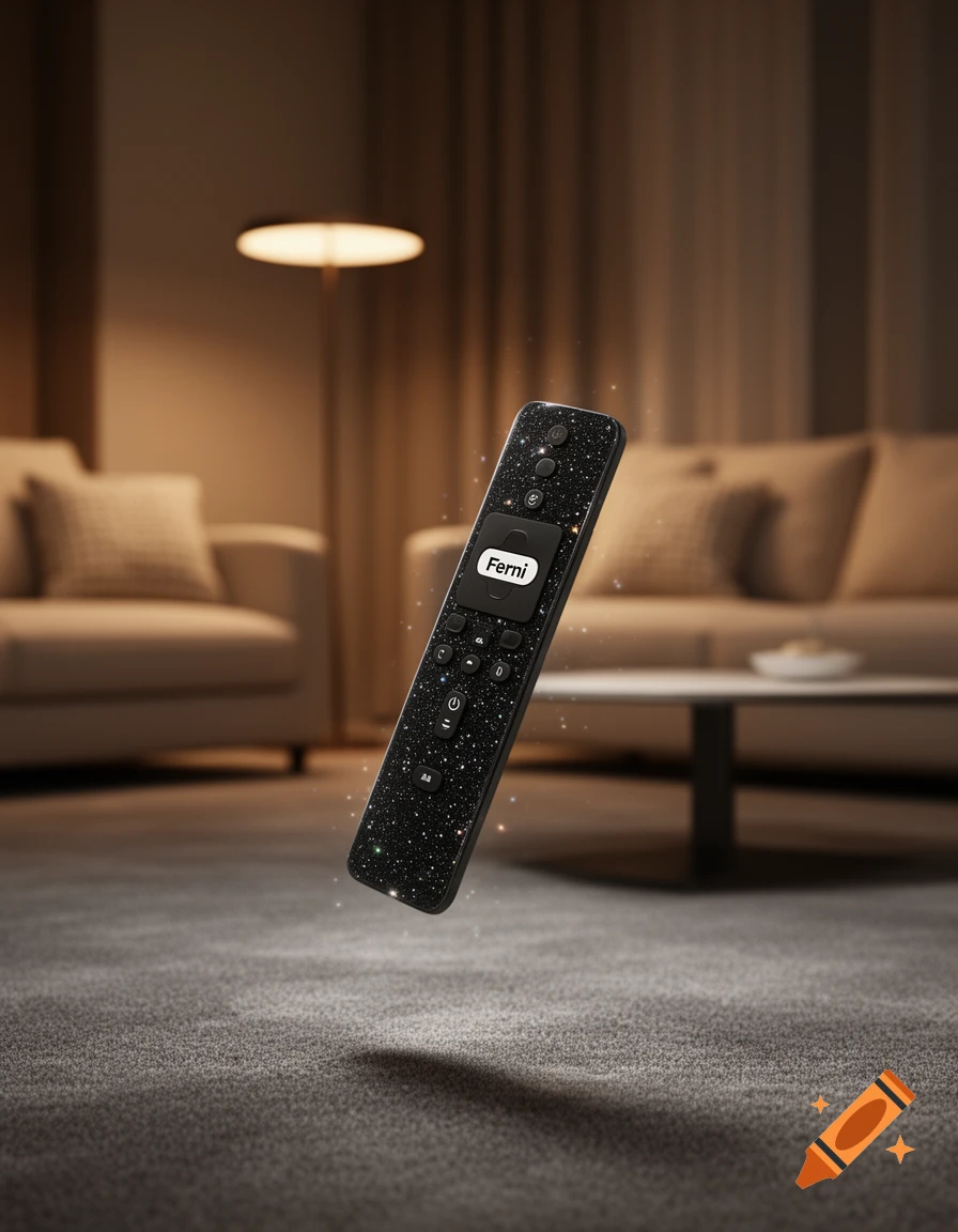 A black, glittery remote control with the word "Ferni" on it floats in a cozy living room.