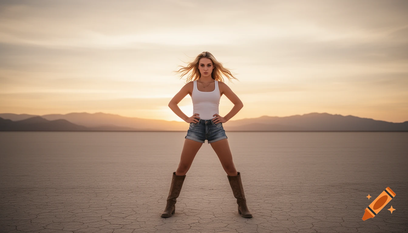 A young woman in a white tank top, jean shorts, and boots stands with a determined wide stance in a desert playa at sunset, wind blowing her blonde hair.