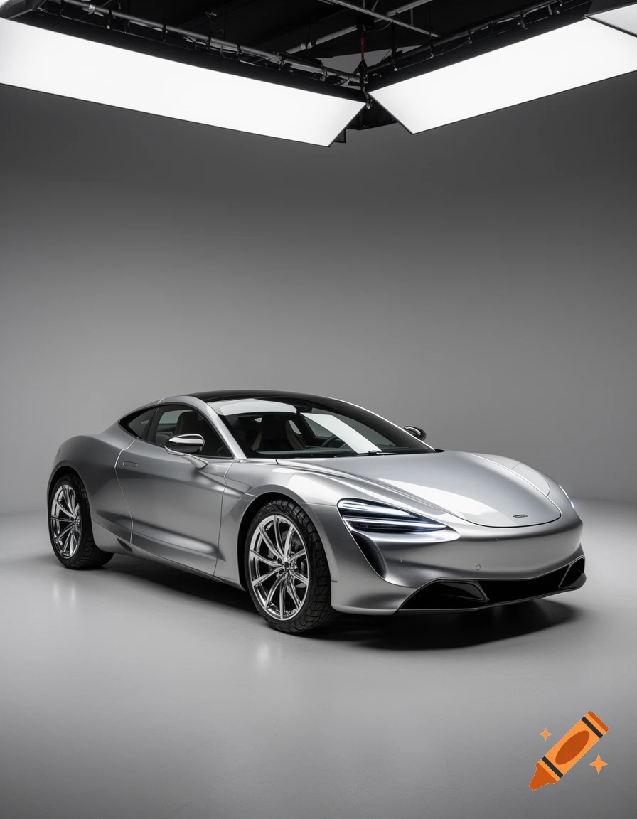 A sleek silver sports car with a black roof is parked in a brightly lit, minimalist studio setting.
