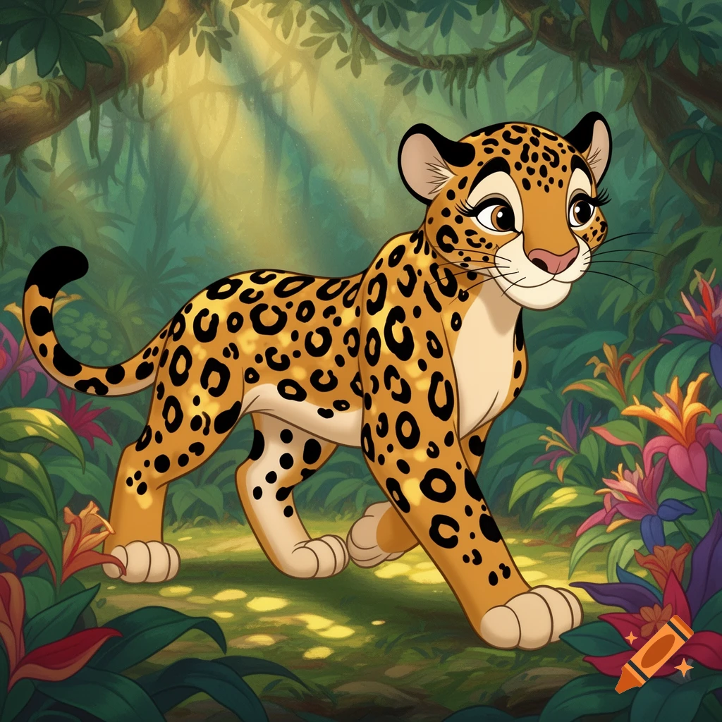 A friendly cartoon female jaguar walks through a vibrant jungle with colorful flowers, in the style of 1960s Disney animation.