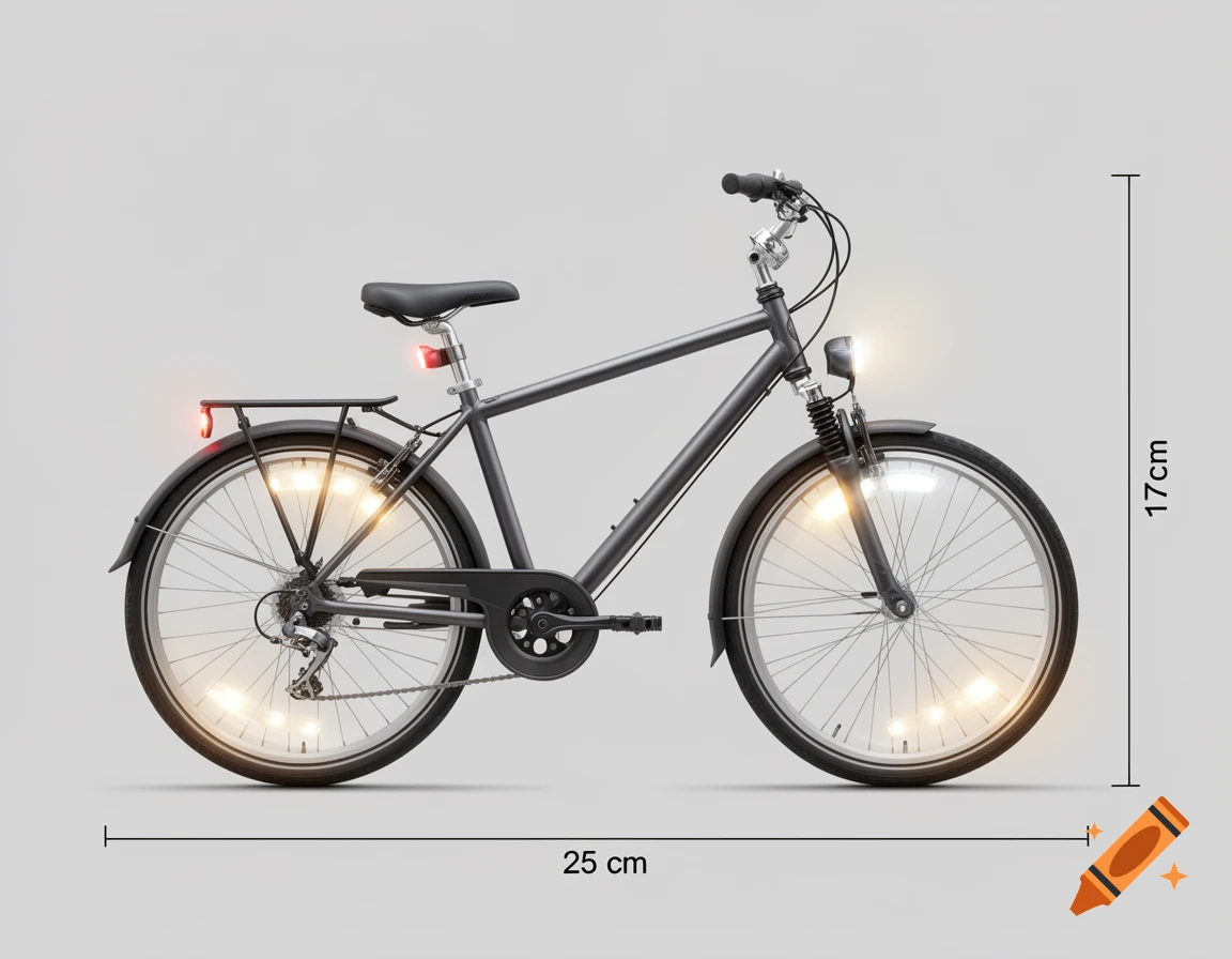 Side view of a dark grey bicycle with front and rear lights, wheel reflectors, and dimensions (25 cm wide, 17 cm high) on a light grey background.