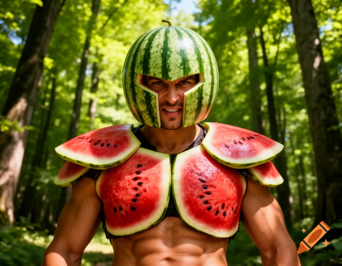 A muscular man with an angry face wears a watermelon helmet and watermelon slice armor in a green forest.