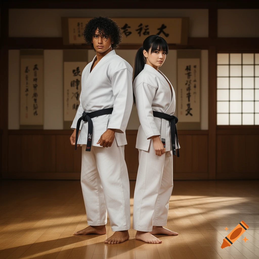 A photorealistic image of a man and a woman in white karate gis with black belts, standing back-to-back in a traditional dojo.
