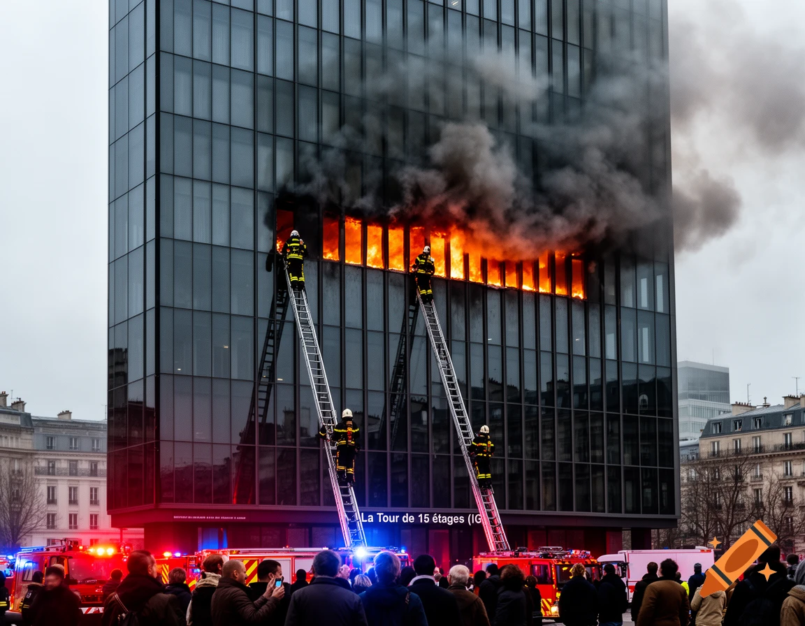 Firefighters battle a blazing fire on the 12th floor of a tall glass building, with smoke billowing out.