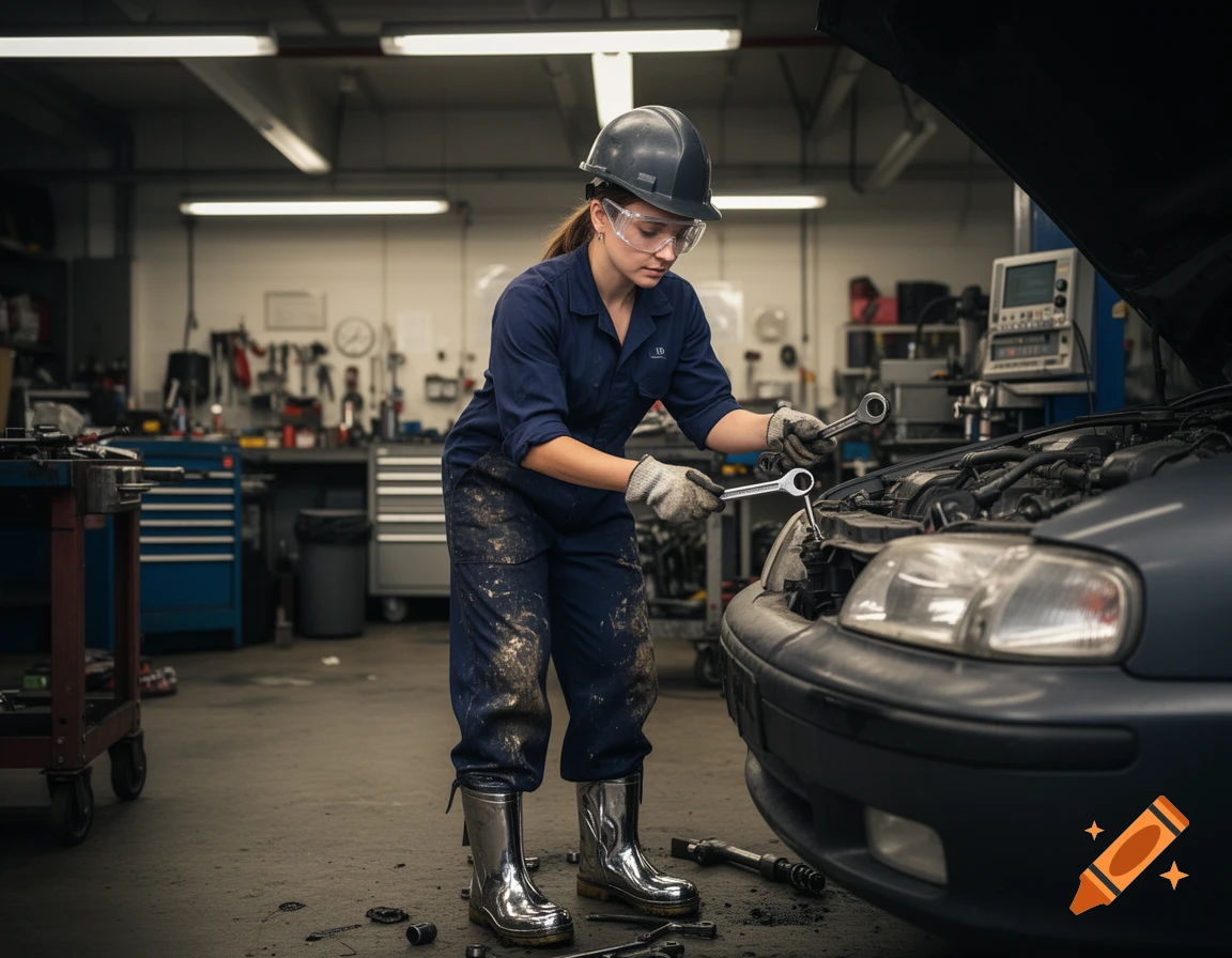 A female mechanic in a helmet, safety glasses, and dirty overalls works on a car engine with wrenches in a workshop.