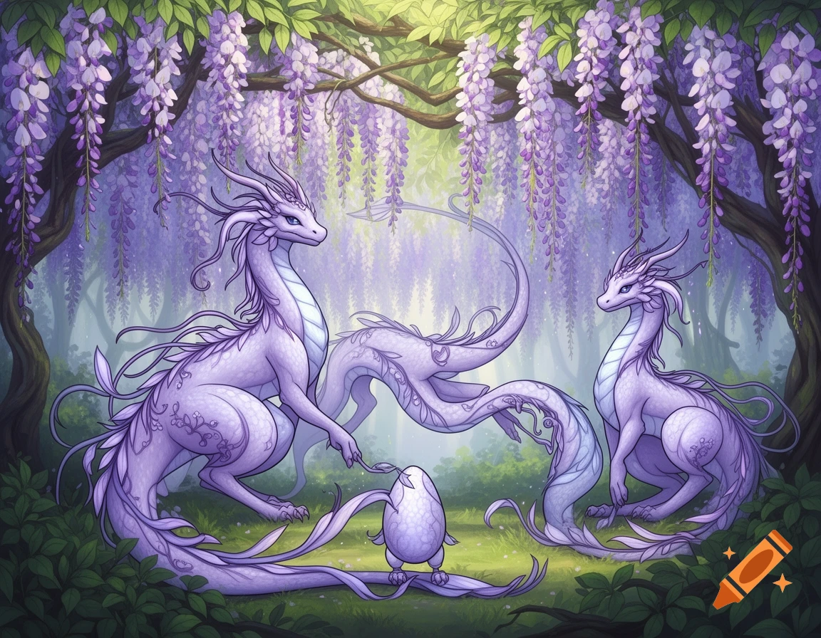 Two elegant lavender wisteria dragons with an egg in a lush wisteria forest, surrounded by hanging purple flowers.