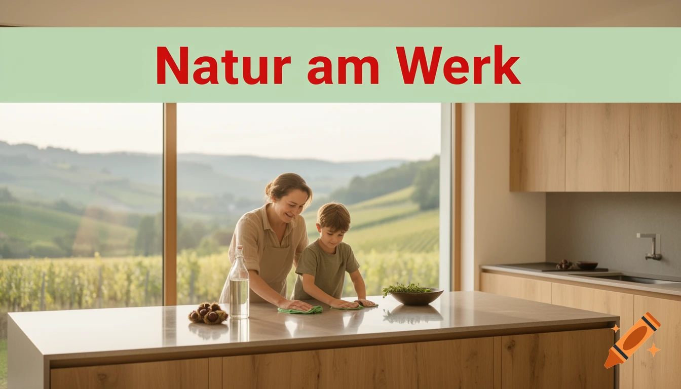 Mother and child cleaning a modern kitchen counter with a vineyard view. A banner at the top reads "Natur am Werk". Photorealistic.