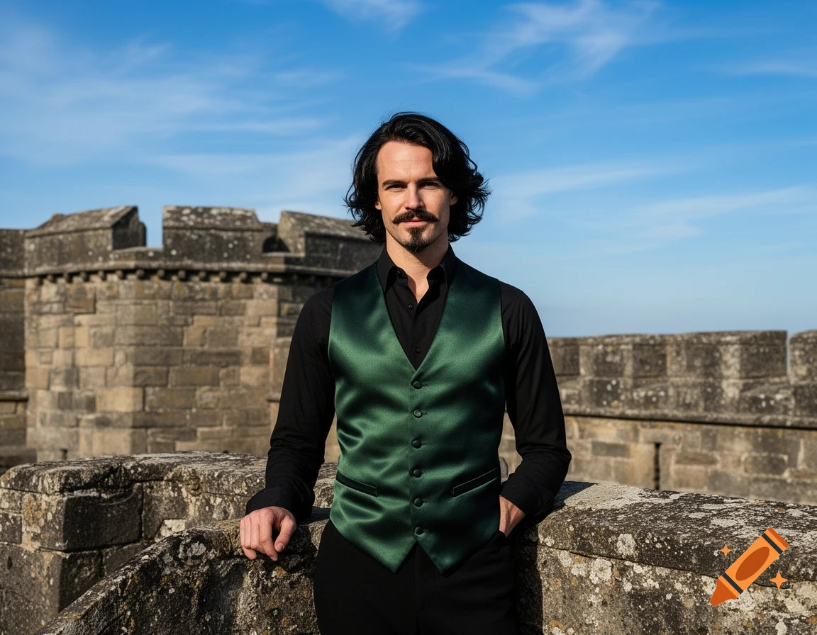 A man with ear-length black wavy hair, mustache, and goatee wears a black shirt and dark green satin vest, standing on an old stone fort wall under a blue sky.