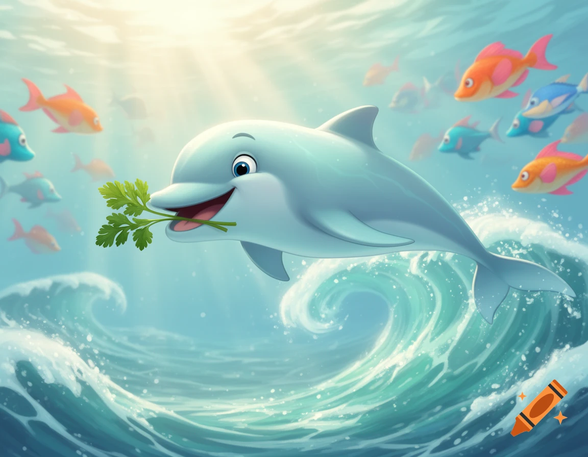 A cartoon dolphin with a piece of parsley in its mouth, smiling and swimming happily in the ocean with colorful fish and waves.