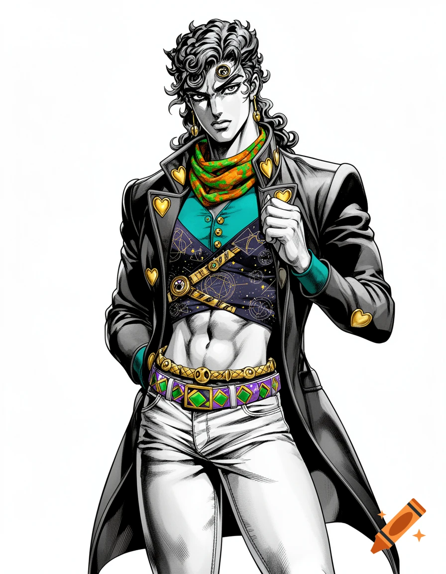 A male character in JoJo's Bizarre Adventure style, with curly hair, an open black coat, a teal shirt, a patterned scarf, crop top, and decorative belts, posing on a white background.