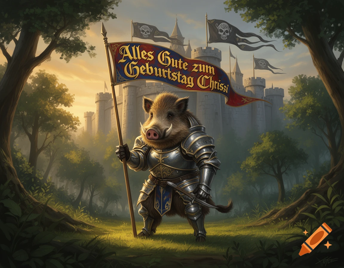 A wild boar in knight armor holds a banner with 'Alles Gute zum Geburtstag Chrissi' in front of a fantasy castle.