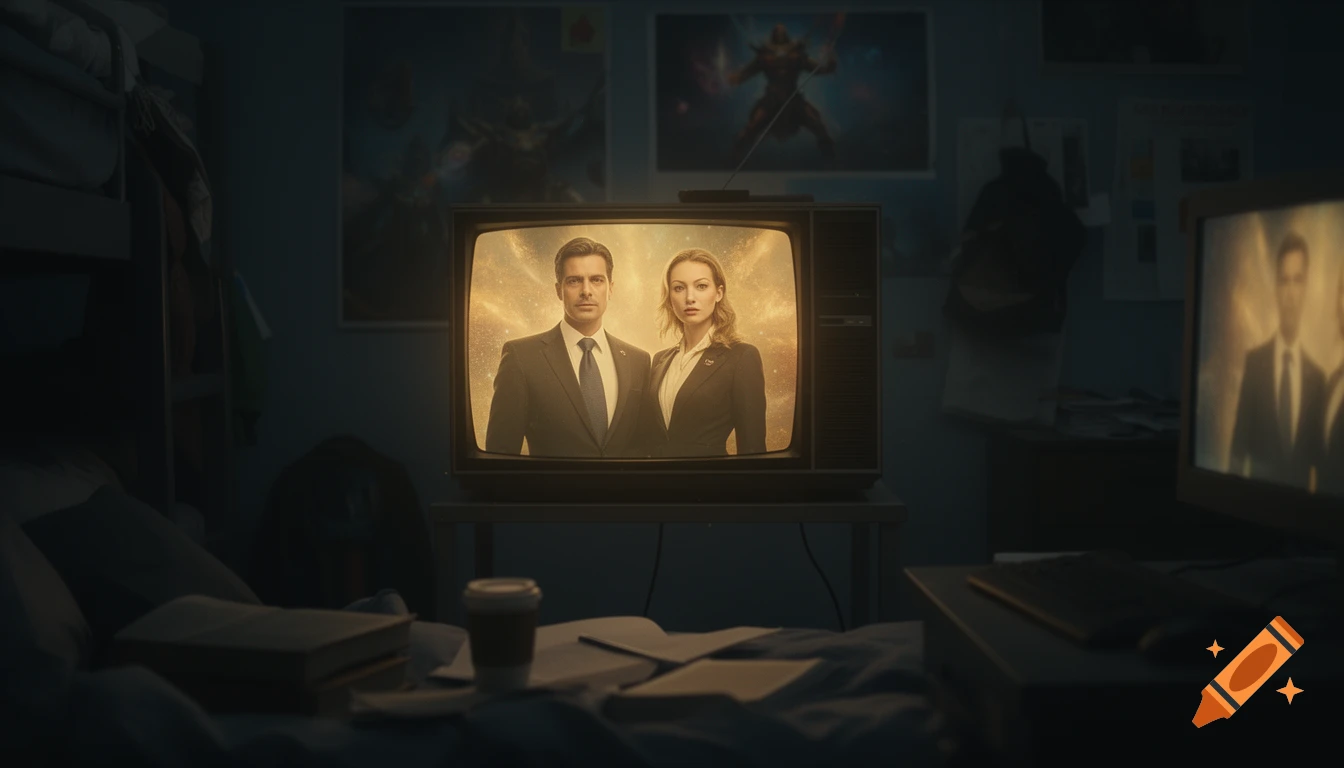 A cinematic view of a dim dorm room with a vintage TV showing a sophisticated man and woman in business attire against a golden, cosmic background.