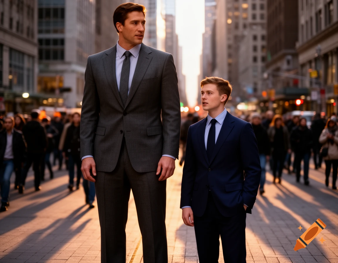 A very tall man and a much shorter man in suits stand side-by-side on a bustling city street during golden hour.